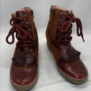 Sundance Mam' Zelle Brown Leather Wedge Western Boots